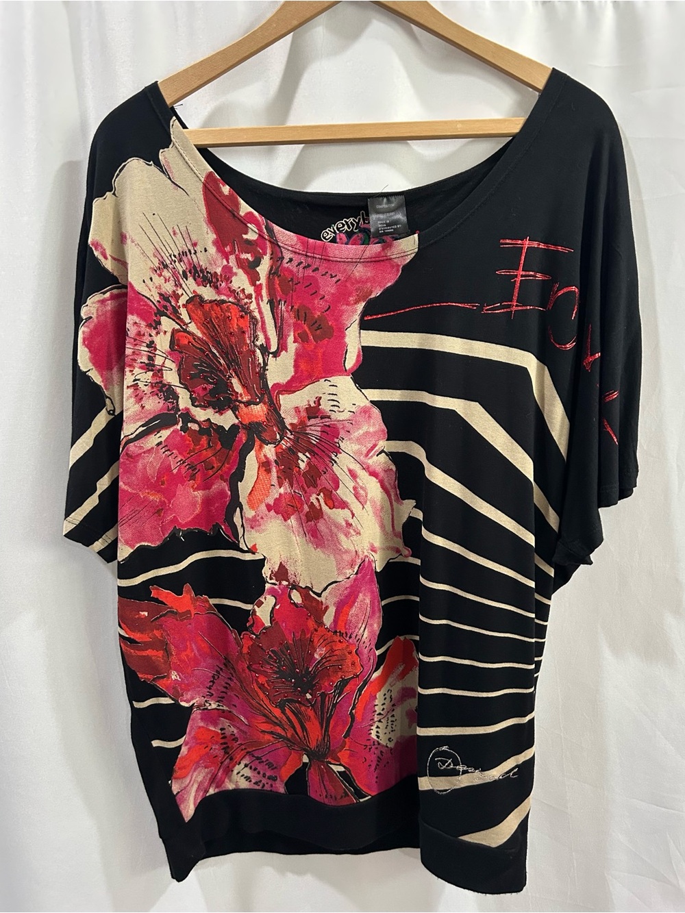Desigual Vic Batwing Black Top with Pink Floral and Cream Stripes